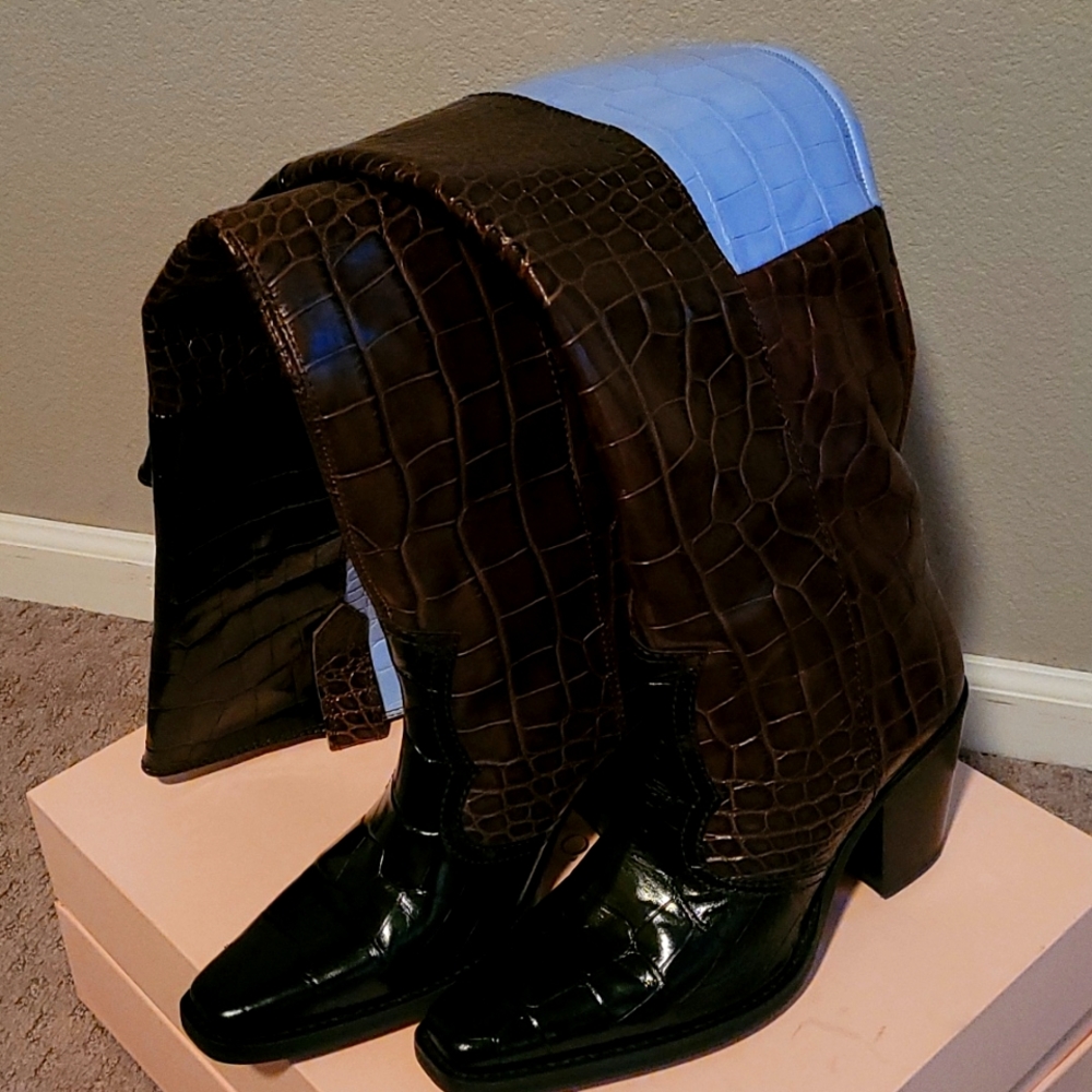 Ganni Brown and Blue Over the Knee Boots
